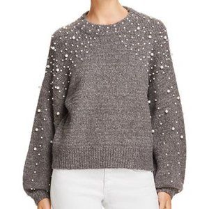 Aqua Gray Pearl Embellished Balloon Sleeve Sweater